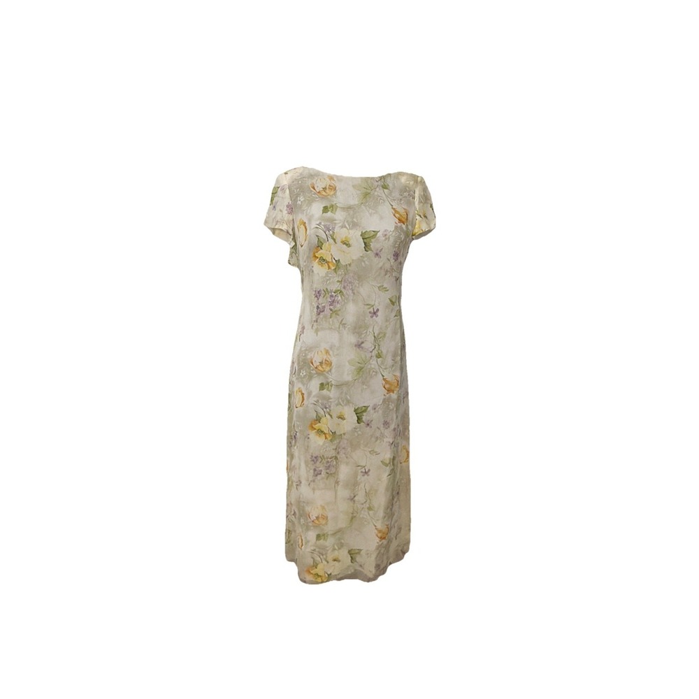 Vtg Maggy London 100% Silk  Midi Dress Floral Fairy Whimsy Cottage 10P Tie Back‎